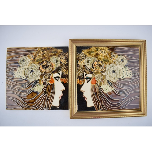 145 - A pair of vintage ceramic tiles depicting ladies faces in profile in a mid-century modern style. One... 