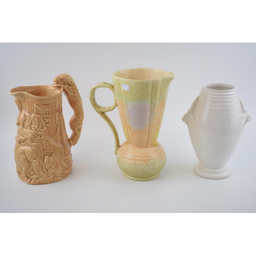 153 - A trio of pottery to include a Burleigh Ware Old Feeding Time jug in brown mottled glaze, a Beswick ... 