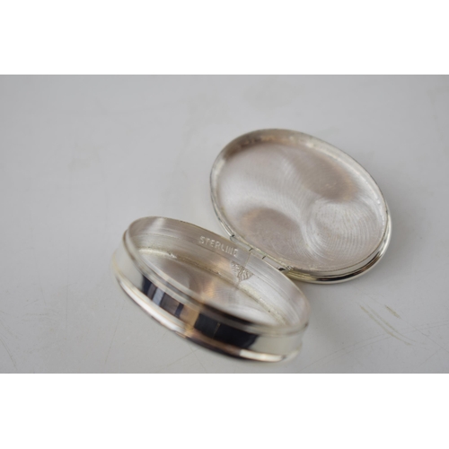 229 - Sterling silver pill box with hinged lid with collie dogs enamel insert, 4cm wide.