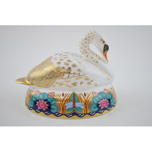 33 - Royal Crown Derby paperweight in the form a White Swan, first quality with gold stopper.