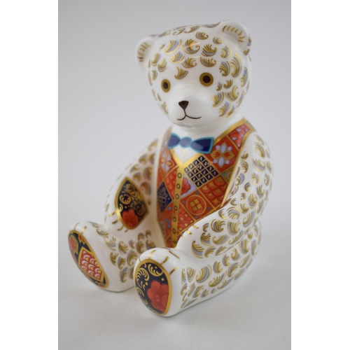 66 - Royal Crown Derby paperweight of a Teddy Bear with Blue Bow Tie, first quality with gold stopper.