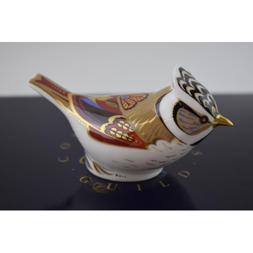 73 - BoxedRoyal Crown Derby paperweight of a Crested Tit, first quality with gold stopper.