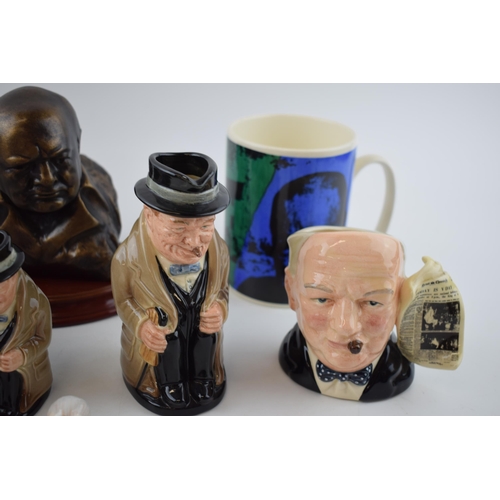 79 - Sir Winston Churchill: a collection of Churchillana collectables to include Royal Doulton Toby jugs,... 