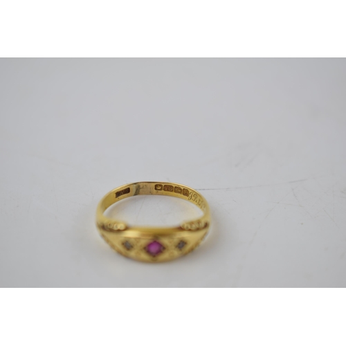 185 - 18ct gold ladies ring set with ruby and diamond stones, Birmingham 1905, with internal dedication, 3... 