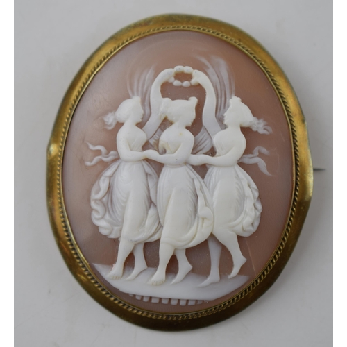 187 - Antique gilt metal Three Graces cameo brooch, 6cm tall.