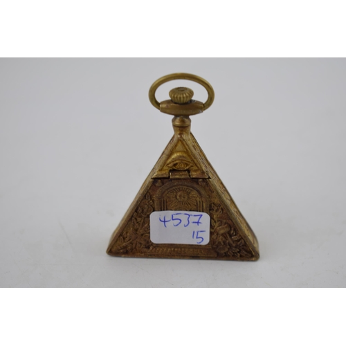 281 - Bronze style Masonic triangular clock, with top wind, 6.5cm tall, in working order.