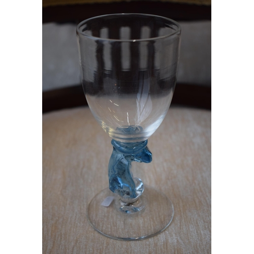 337 - Art glass drinking vessel with blue stem. Height 17cm.