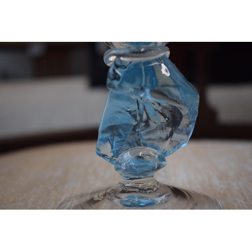 337 - Art glass drinking vessel with blue stem. Height 17cm.