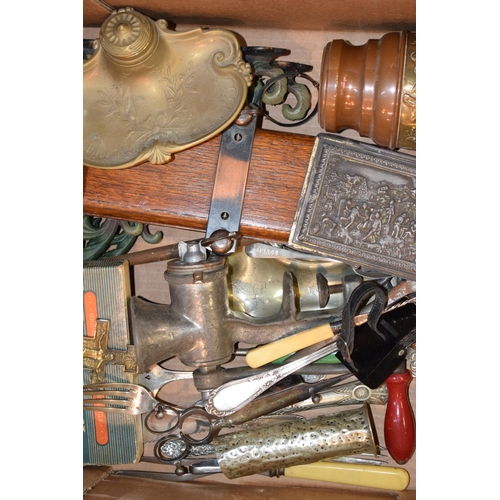 343 - A mixed collection of items to include vintage kitchenalia, brass items candlesticks and other simil... 