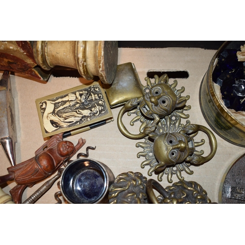 361 - A mixed collections of items to include antique corkscrews, antique wooden plane - unnamed, brass fu... 