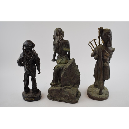 363 - Three resin figures to include piper and lady sitting on rock by Genesis Fine Arts (hand a/f), a