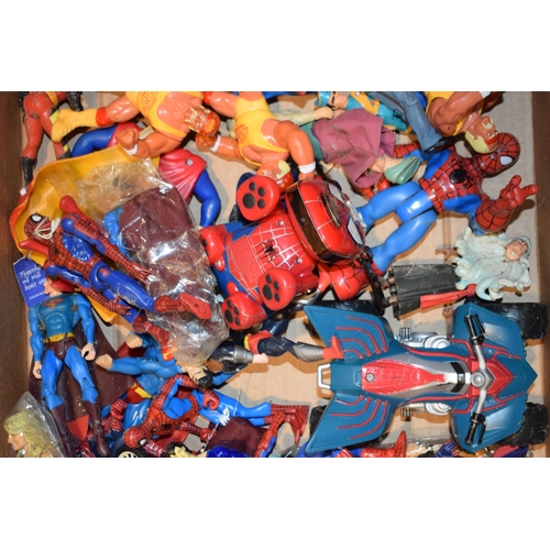 375 - A collection of Superman and Spiderman action figures together with Hulk Hogan wrestling figures. (Q... 