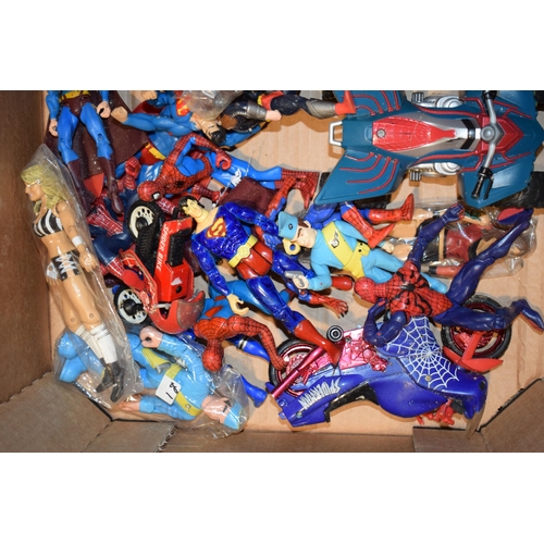 375 - A collection of Superman and Spiderman action figures together with Hulk Hogan wrestling figures. (Q... 