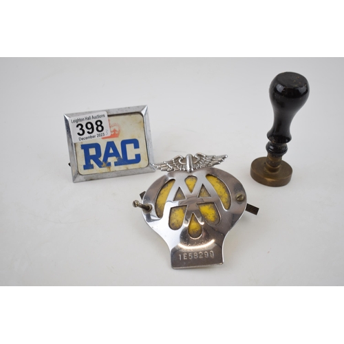 398 - A vintage RAC badge with an AA badge with a brass hand stamp 'Midlands Bank Limited Stone Staffs' (3... 