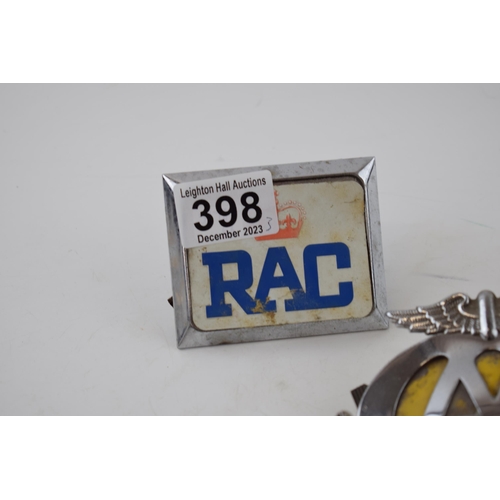 398 - A vintage RAC badge with an AA badge with a brass hand stamp 'Midlands Bank Limited Stone Staffs' (3... 