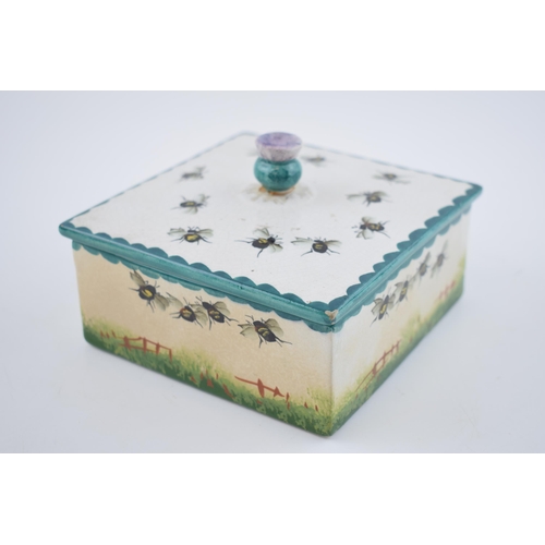 152 - Wemyss honey box and cover decorated with bees and beehive design, with Scottish thistle finial, 14c... 