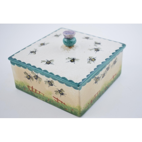 152 - Wemyss honey box and cover decorated with bees and beehive design, with Scottish thistle finial, 14c... 