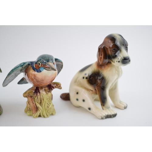 92 - Beswick Woodpecker 1218 with a Kingfisher and a pottery dog, in the style of Sylvac (3).