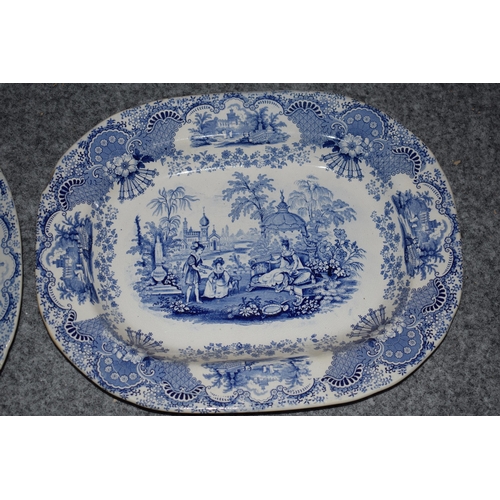 183 - A near pair of 19th century blue and white meat plates, blue and white transfer ware, one 'Spanish B... 