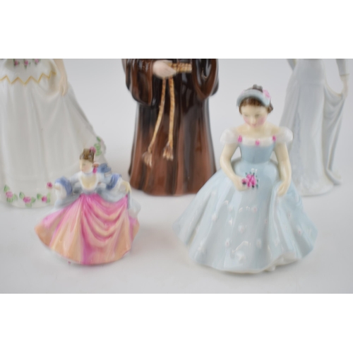 216 - Royal Doulton figures to include Take Me Home, The Bridesmaid and Rebecca with Coalport monk and Dig... 