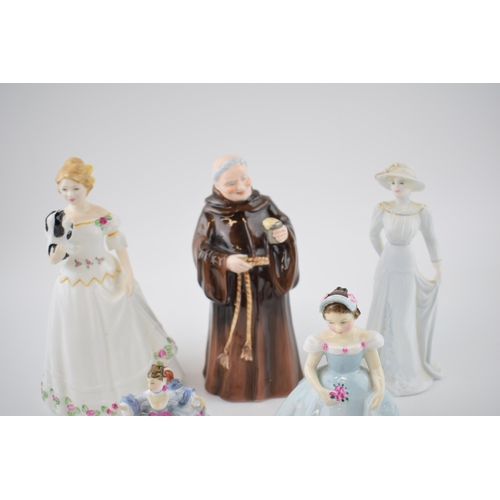 216 - Royal Doulton figures to include Take Me Home, The Bridesmaid and Rebecca with Coalport monk and Dig... 