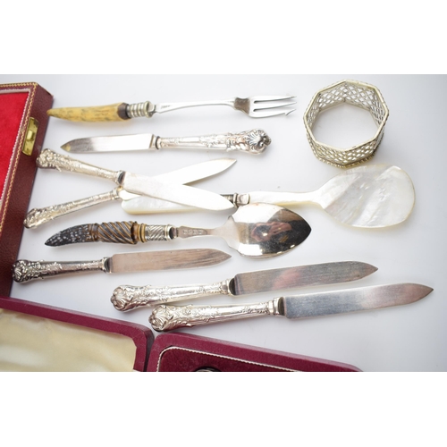 385 - A set of cased horn handled carving knives by Gee Holmes Ltd, Sheffield together with a set of cased... 