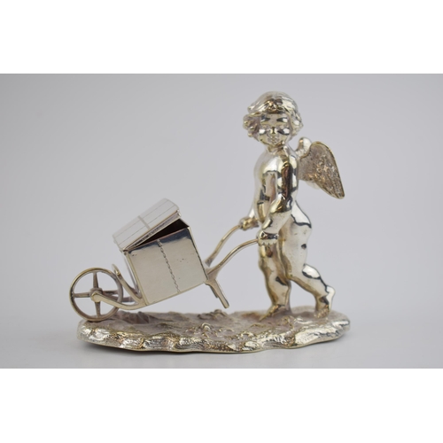 387 - Elkington plate novelty table salt cherub. Elkington marks to inside of box on wheelbarrow. Height 1... 