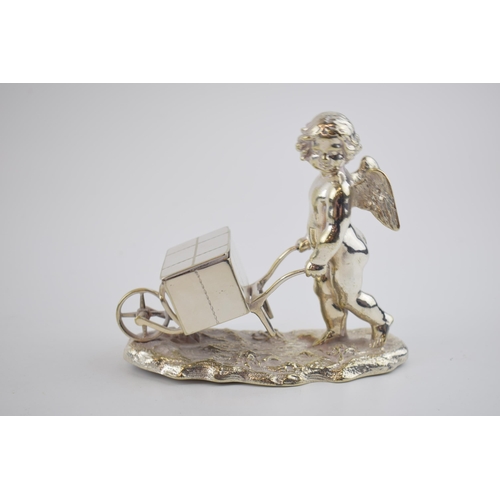 387 - Elkington plate novelty table salt cherub. Elkington marks to inside of box on wheelbarrow. Height 1... 