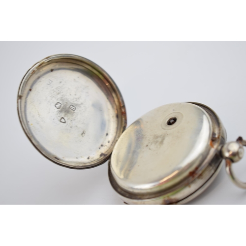 404 - 19th century silver pocket watch with blued hands and yellow coloured Roman numerals, 55mm wide (req... 