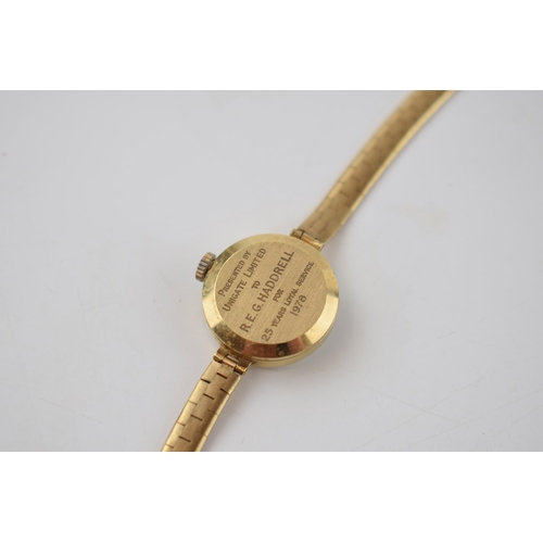 405 - 9ct gold ladies Garrard wristwatch on 9ct gold strap, cased, gross weight 15.9 grams, in working ord... 