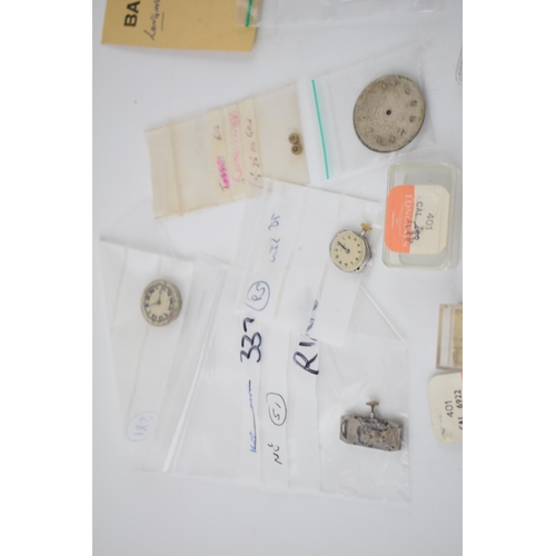 421 - A collection of Longines watch movements and parts. To include rotors, stems, with some NOS parts no... 