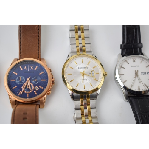 428 - A collection of gentleman’s fashion watches to include Armani, Rossini, DKNY, Accurist and Guess. (5... 