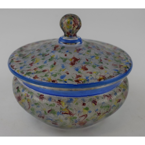 706 - A 1930s glass bonbon dish  with red, yellow, green and blue swirl decoration and blue rim. Diameter ... 