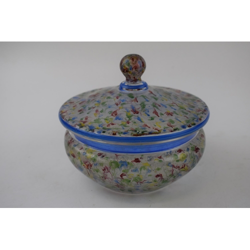 706 - A 1930s glass bonbon dish  with red, yellow, green and blue swirl decoration and blue rim. Diameter ... 