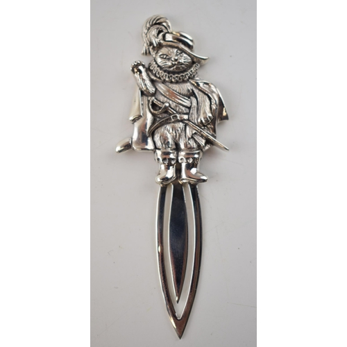 273F - Sterling silver Puss in Boots bookmark, 10.4 grams, 8cm long.