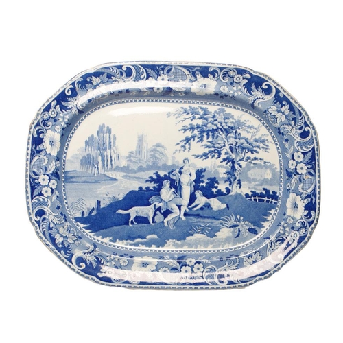 178 - An early 19th century blue and white transfer-printed Davenport Villagers pattern large platter, c. ... 