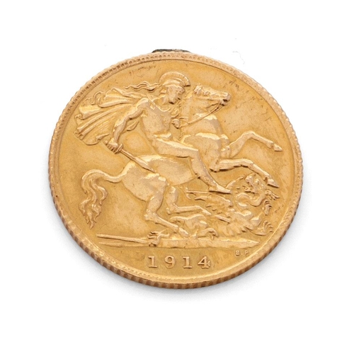 348 - 22ct gold half sovereign 1914, (ex-mounted).