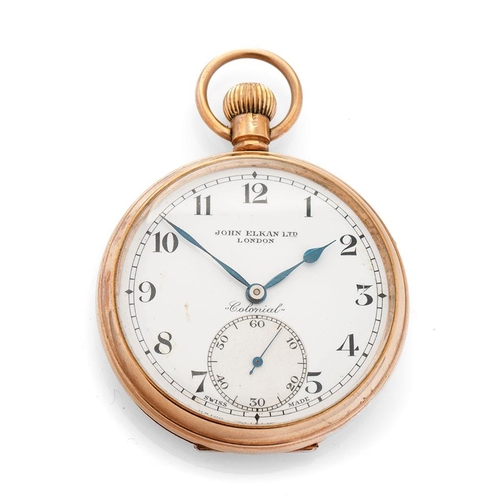 388 - 9ct gold cased open face top wind pocket watch, John Elkan Ltd London, 'Colonial', in working order,... 