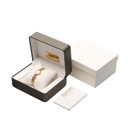 392 - Boxed Zenith 9ct gold ladies wristwatch on 9ct gold bracelet, with white dial, 18mm wide, 22.1 grams... 