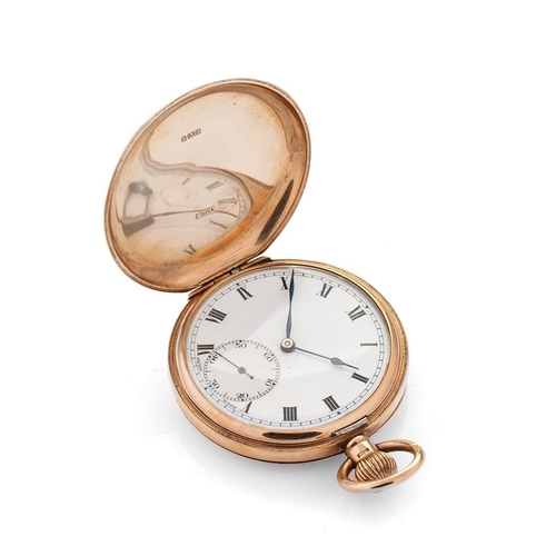 400 - 9ct gold full hunter pocket watch, top wind, roman numerals to white dial, winds, ticks, sets and ru... 