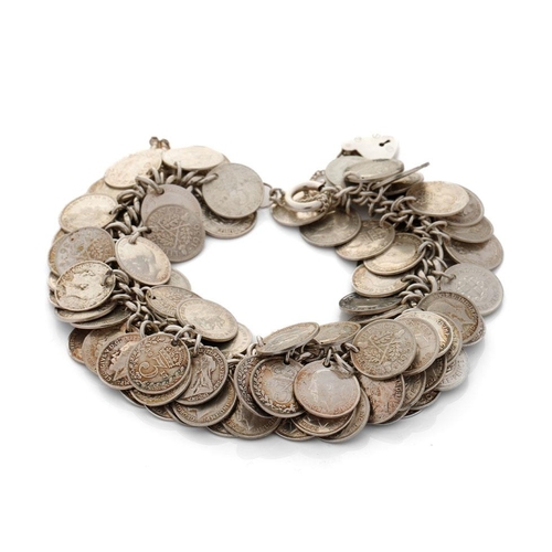 459 - Sterling silver bracelet with many silver three pence pieces to include pre-1946 and pre-1920 exampl... 