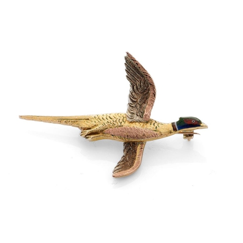 490 - 9ct gold brooch in the form of a flying pheasant, with enamelled decoration, varying tones of gold, ... 