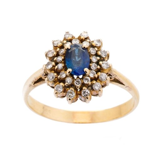 500 - 14ct yellow gold sapphire and diamond cluster ring marked .585 to shank. Center oval Ceylon sapphire... 