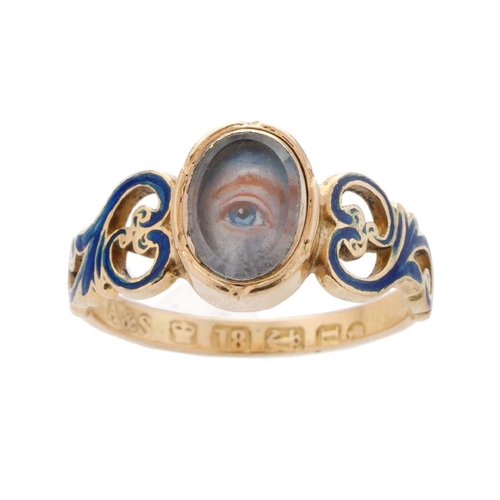 510 - 18ct gold antique mourning ring, with blue enamelled decoration featuring an eye, 3.3 grams, size M,... 