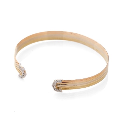 Vintage 18ct gold Cartier trilogy cuff bangle, with original marks and import hallmarks for 1990, 13.2 grams, 6.5cm wide.