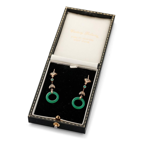 515 - 9ct gold drop earrings with circular jade rings with rose cut diamonds, 5cm long.