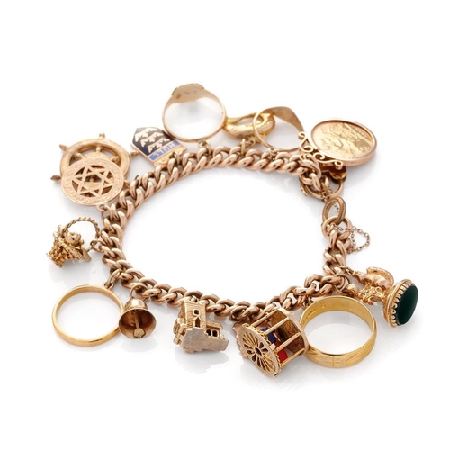 9ct rose gold charm bracelet with an interesting collection of charms to include a 22ct gold 1912 half sovereign, a 22ct gold ring circa 5 grams, another 22ct gold ring, circa 1.5 grams, with 9ct gold charms to include a roulette wheel, an opening church, a bell, a fruit basket and others, combined 51.1 grams.