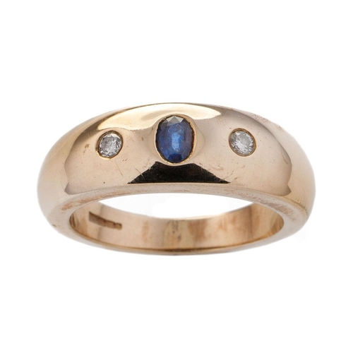 546 - 9ct gold gypsy ring set with a central sapphire, flanked by 2 diamonds, 11.9 grams, size Y.