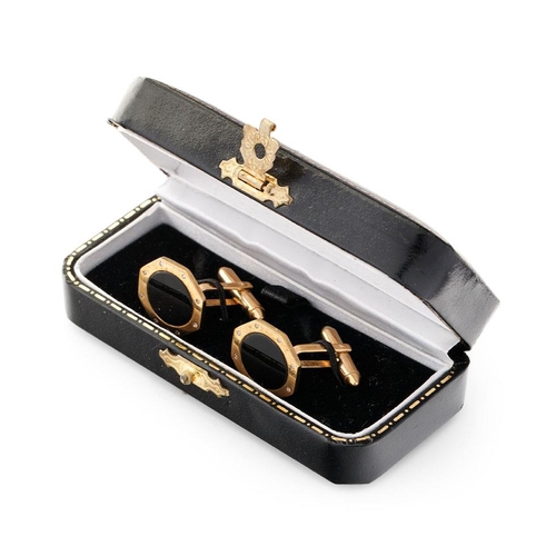 585 - 9ct gold hallmarked onyx & diamond set cufflinks, 8.64g, cased.