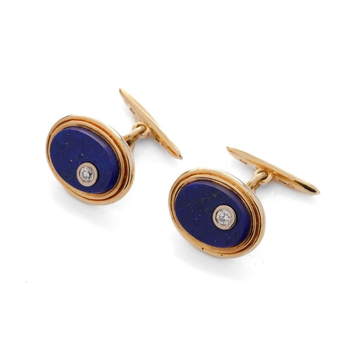 587 - 18ct gold hallmarked (2000) lapis lazuli & diamond set cufflinks, diamonds each about .20ct, gross w... 